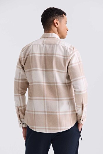 Jakamen Bej Slim Fit Yaka Düğmeli Ekoseli Gömlek