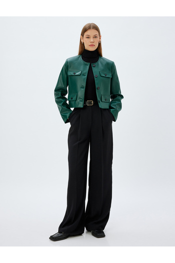 Koton Jacke aus Kunstleder mit Rundhalsausschnitt und Taschendetail