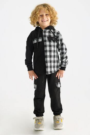 zepkids Hooded Long Sleeve Plaid Pocketed Gray Color Boy's Tracksuit Set