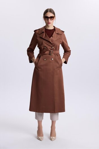 Zühre Brown Trench Coat with Shoulder Epaulettes and Back Detail 13563
