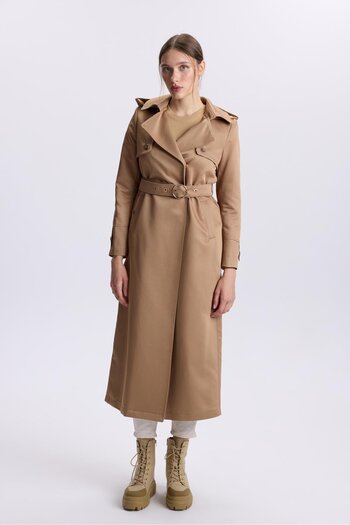Zühre Camel Hooded Trench Coat 13533 - Button Detailed