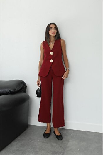 Havoş Claret Red Gold Buttoned Vest and Trousers Set