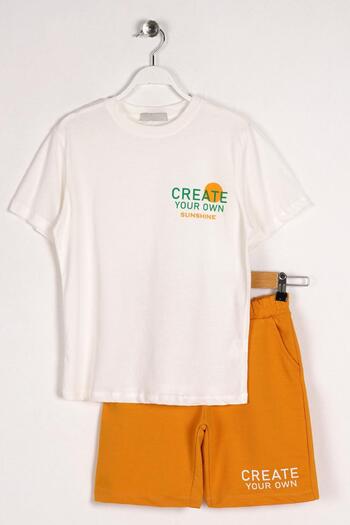 zepkids Costum Capri pentru băiat de culoare ecru cu imprimeu text