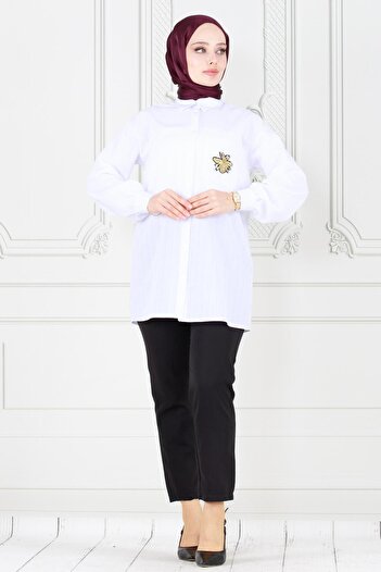Sevitli White Linen Tunic with Bee Detail on Pocket