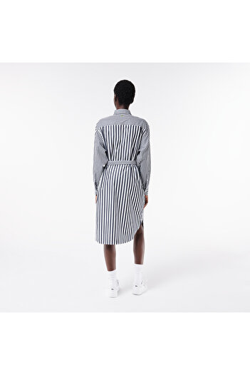 Lacoste Kadın Regular Fit Uzun Kollu Gömlek Yaka Çizgili Beyaz Elbise