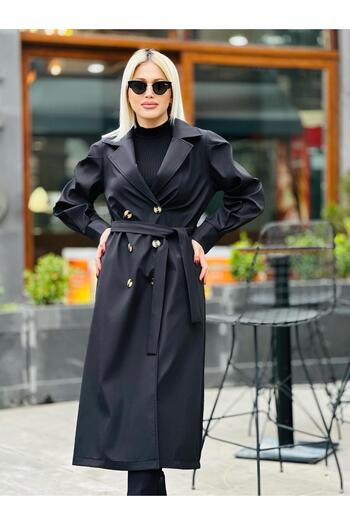 QUBERZ Black Trench Coat - Balloon Sleeve and Cuffs
