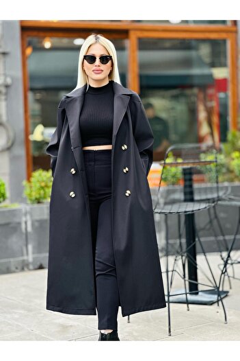 QUBERZ Black Trench Coat - Balloon Sleeve and Cuffs