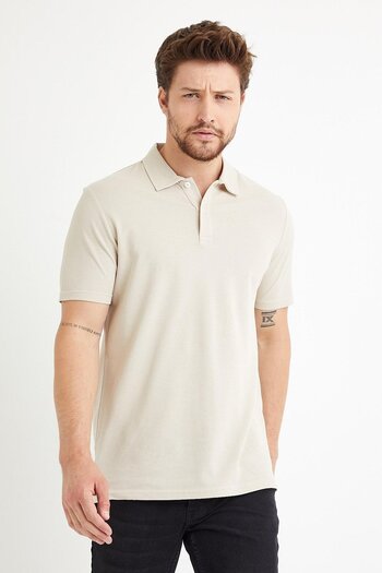 odelon Men's Beige Polo Neck T-Shirt - Basic Regular Fit