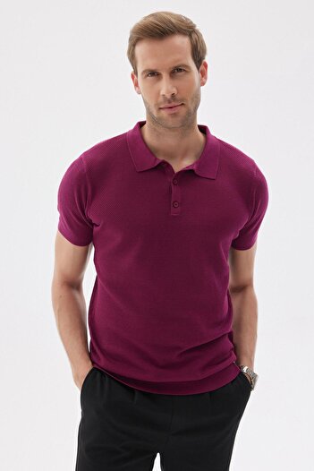 odelon Men's Fuchsia Knitwear T-Shirt - Polo Collar and Jacquard