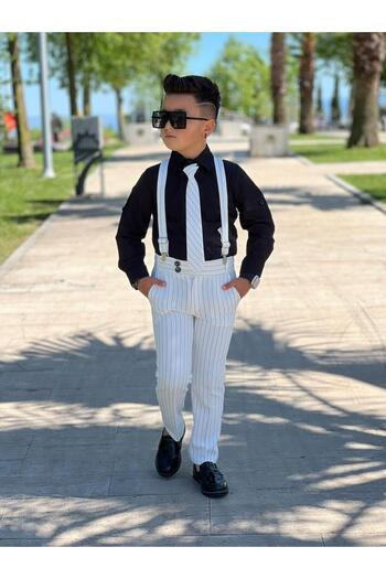 KOKOŞ BEBEK Striped Detailed Shirt, Pants, Tie, Suspender Included Suit |   Between 3/4 Years
