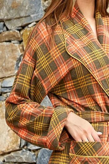 Cossy By Aqua 24056 Women's Plaid Pattern Long Dressing Gown-Khaki
