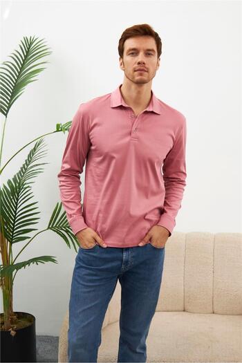odelon Men's Polo Collar T-Shirt - Long Sleeve, Cotton, Dusty Rose Mars32