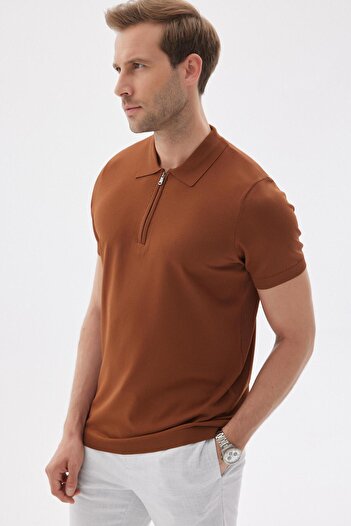 odelon Men's Brown Polo Neck Rayon Knitwear T-Shirt - Plain Zippered Limited