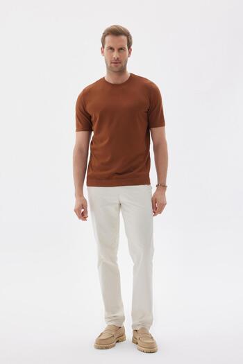 odelon Men's Brown Knitwear T-shirt - Limited, Plain Short Sleeve, Rayon