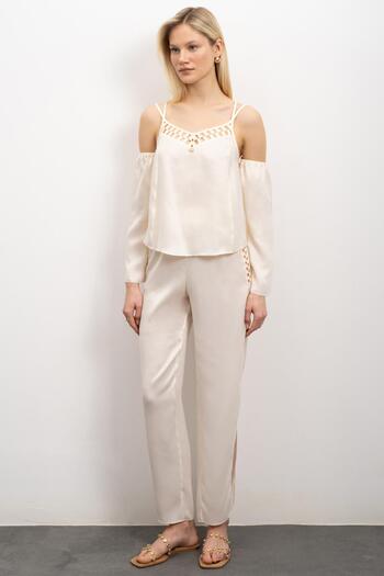 Feu De Elu Ecru Satin Pajama Set -LaxGrosgrain Detailed