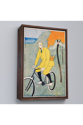 TAKI DERYASI Wood Framed Edward Penfield - Man on a Bicycle in a Yellow Suit Painting-8044