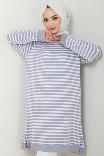 hafsamina Gray Striped Combed Cotton Tunic - HM2418
