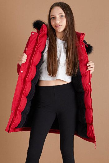 Cansın Mini Girl's Red Fur Lined Hooded Coat 19355