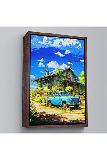 indispensablely Cute House Front Blue Car Painting with Frame-7688