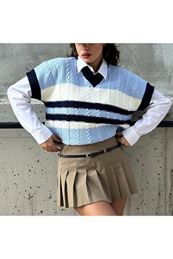 Köstebek Blue Ecru Striped V-Neck Oversize Sweater