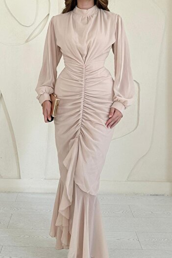 Elbee Fashion Woman Μπροστινό μαζεμένο φόρεμα σιφόν