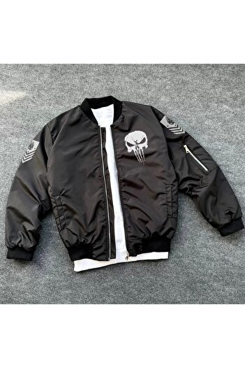 CVS GİYİM Unisex Long Sleeve Skull Printed Bomber Jacket - Black