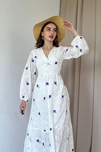 Elbee Fashion Woman Purple Floral Patterned Scallop Dress
