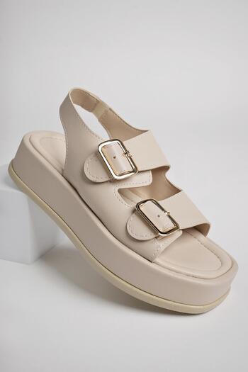MUGGO Wanda Wedge Heeled Double Banded Buckle Detailed Elastic Women's Sandals