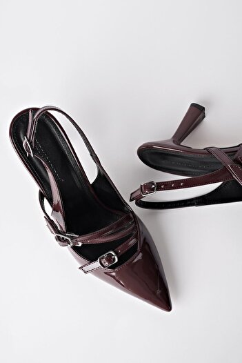 MUGGO Kidman Guaranteed Open Back Belt Detailed Three-Stripe Patent Leather Women's Heeled Shoes