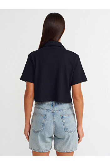Dilvin Tricou negru din bumbac cu gât polo - 30961