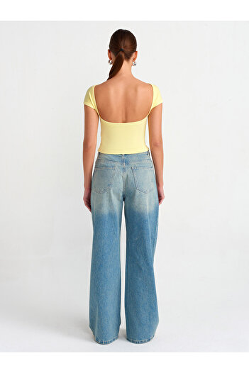 Dilvin 71477 Pantaloni largi din denim cu plasă spălată-Tint