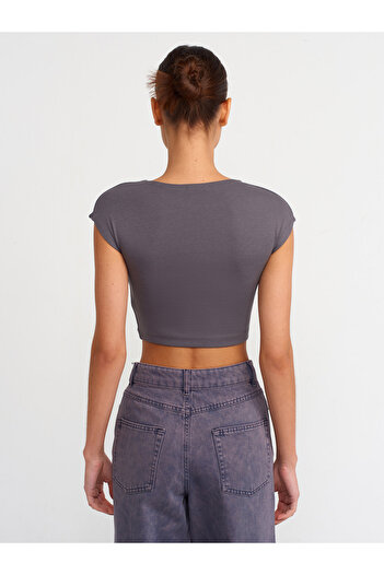 Dilvin 30528 Cotton and Modal Blended Crop Top-Smoked