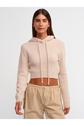 Dilvin 10486 Pulover crop cu glugă cu textura moale-bej