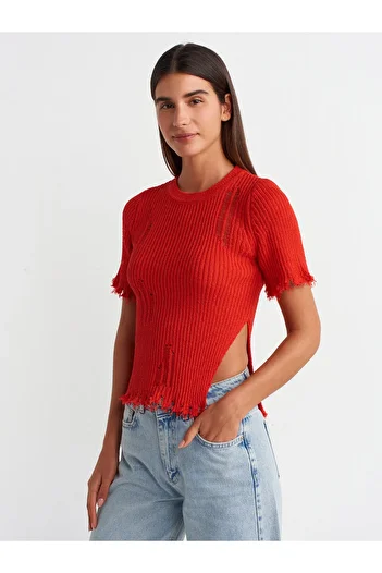Dilvin 10555 Crew Neck Split Detailed Knitwear Sweater-Red