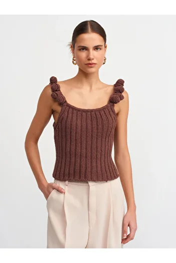 Dilvin 10524 Handcrafted Flower Detailed Knitwear Top with Straps - Brown