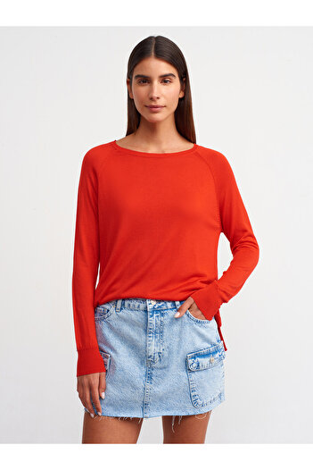 Dilvin 10536 Crew Neck Basic Thin Knitwear Sweater-Red
