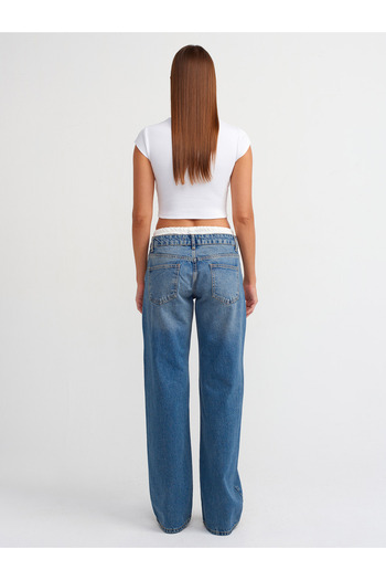 Dilvin 71494 Pantaloni boxer din denim albastru - Detaliați din satin