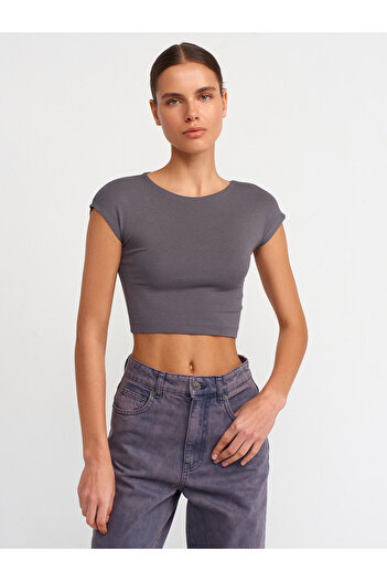 Dilvin 30528 Cotton and Modal Blended Crop Top-Smoked