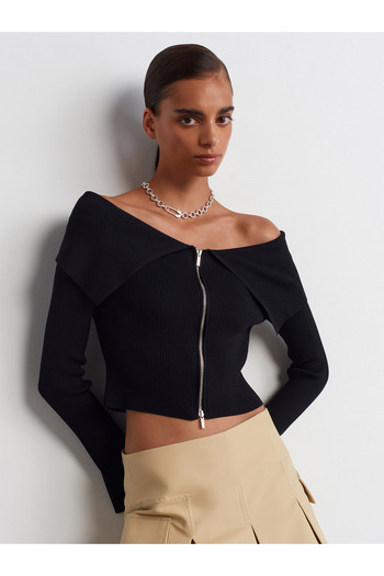 Dilvin 60252 Cardigan negru din tricotaje - guler Bardot și fermoar