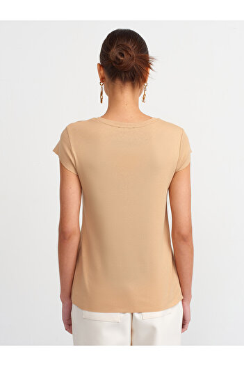 Dilvin 30719 Crew Neck T-shirt-Μπεζ