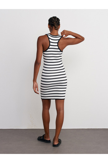 Dilvin 90147 Ecru-black Striped Knitwear Dress