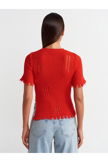 Dilvin 10555 Crew Neck Split Detailed Knitwear Sweater-Red