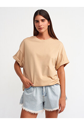 Dilvin 30310 Βαμβακερό μπλουζάκι Oversize-Μπεζ