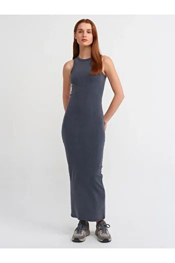 Dilvin 90805 Midi Dress with Washing Effect-anthracite