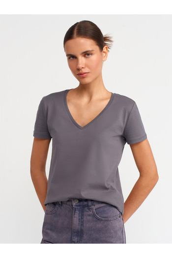 Dilvin 3470 Tricou de bază cu decolteu în V-Afumat