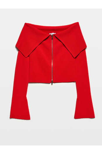 Dilvin 60252 Red Knitwear Zippered Bardot Collar Cardigan