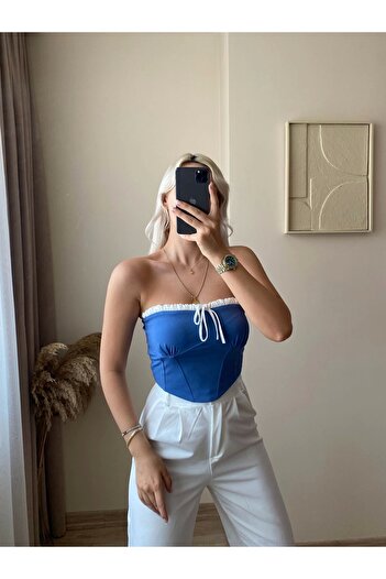Zora Butik Bağlamalı Straplez Crop-Gök Mavisi