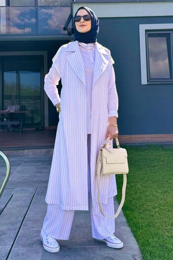 Rabia Şamlı Epaulettes Striped Set White