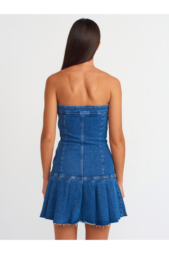 Dilvin 90542 Rochie albastră din denim plisată fără bretele