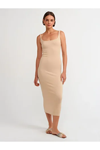Dilvin Model 91172 - Rochie Midi Bej Deschis Guler Patrat